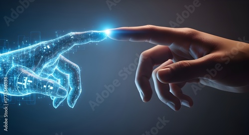 A futuristic cinematic concept of a human hand touching the fingertip of a holographic AI hand made of glowing blue light and digital particles
