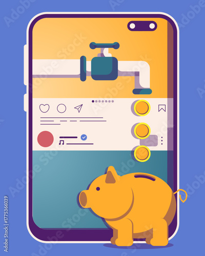 Illustration of a piggy bank and smartphone faucet interface symbolizing business revenue flow, digital finance, and modern money management in online enterprises.