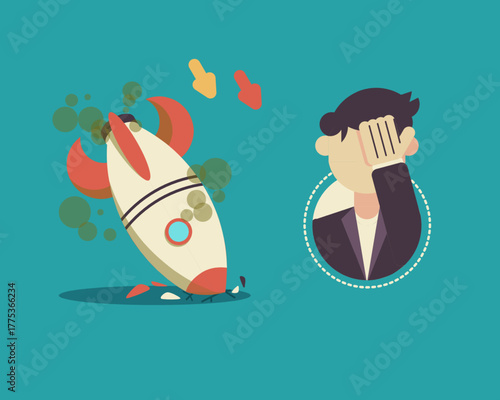 Illustration of a man facepalming while a rocket crashes, symbolizing failure, disappointment, or setback in business, innovation, or personal goals.