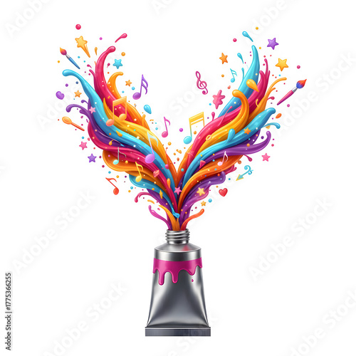 Vibrant colorful paint exploding from a tube forming abstract wings isolated on transparent background