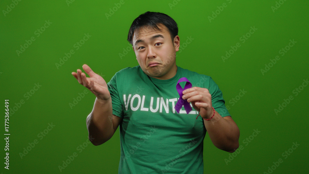 Fototapeta premium Man wearing volunteer shirt holds purple ribbon against green background representing support and awareness.