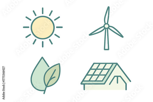 Outline symbols representing solar power, wind energy, and ecological sustainability concepts