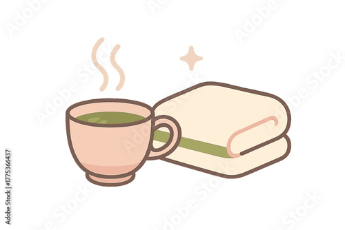 Steaming cup of hot green tea next to a folded white towel symbolizing relaxation and wellness