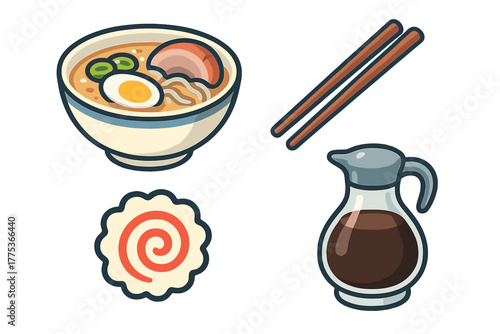 Traditional Japanese ramen noodle soup bowl with narutomaki and soy sauce