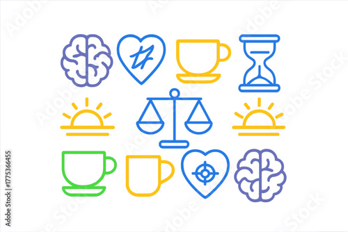 Conceptual symbols for mental health, time management, daily routine, and work-life balance