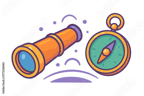 Classic orange spyglass and green magnetic compass symbolizing guidance and exploration