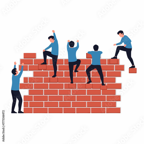 Flat vector people climb brick wall obstacle challenge team