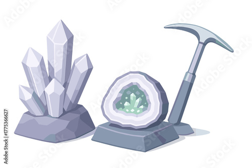 Quartz crystals, cut geode, and rock pickaxe representing geological exploration