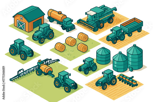 Collection of isometric agricultural machinery and farm buildings on green and brown fields