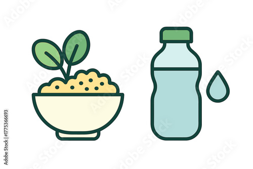 Sprouting plant in a bowl next to a water bottle symbolizing healthy food and hydration