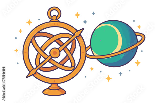 Detailed golden armillary sphere connected to a stylized planet and sparkling stars in the cosmos