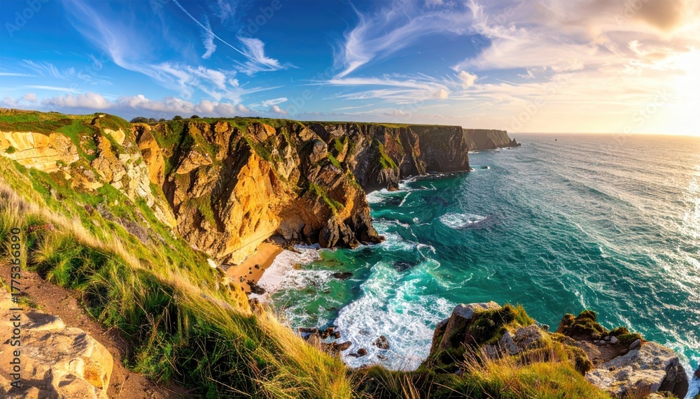Obraz premium Coastal Cliff Overlooking Turquoise Ocean Water Under a Bright Sunny Sky with Dramatic Clouds and Gentle Waves on a Rocky Shoreline