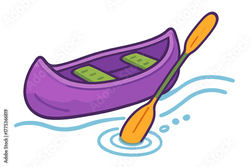 Colorful purple canoe and paddle floating on blue water surface creating ripples
