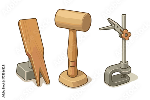 Wooden mallet, leather stitching pony, and adjustable bench clamp crafting tools