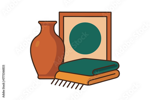 Aesthetic still life arrangement featuring a clay vase, abstract print, and folded woven textiles