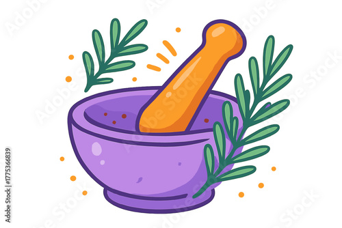 Stylized mortar and pestle surrounded by fresh green herbs for grinding spices