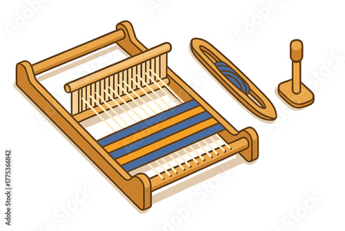 Traditional wooden weaving loom setup with shuttle, blue yarn, and separate beater tool