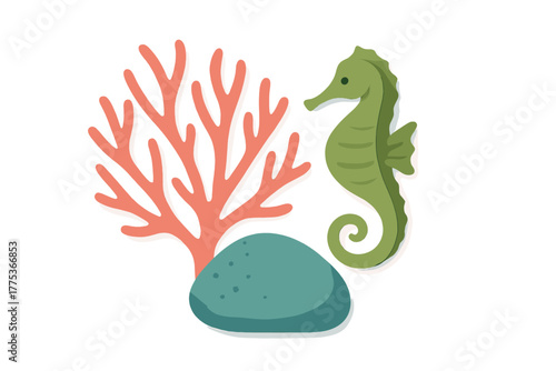 Stylized green seahorse with layered paper effect swimming near red coral and a textured stone
