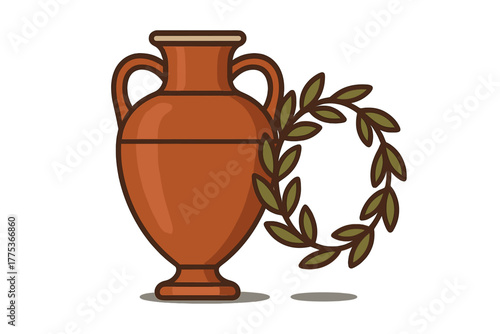 Traditional terracotta amphora jar and classical olive laurel wreath symbol