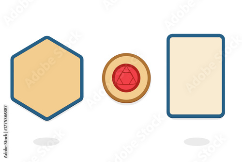 Three abstract geometric game pieces: hexagon, circular token, and rectangular card