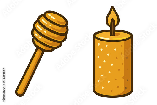 Stylized honey dipper and burning beeswax candle set on a white background