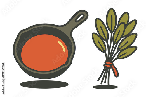 Cast iron skillet with simmering sauce next to a tied bunch of fresh culinary herbs and spices