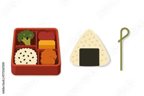 Japanese lunch set featuring a compartmentalized bento box, a triangular onigiri, and a decorative food pick