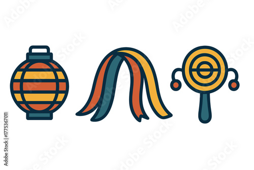 Traditional festival icons set with paper lantern, flowing ribbons, and rattle drum instrument