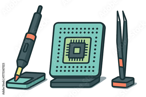 Electronic repair tools and components including soldering iron, microchip, and precision tweezers