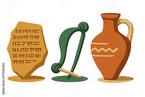 Collection of ancient archaeological artifacts including a stone tablet with inscriptions, a fibula, and a ceramic jug