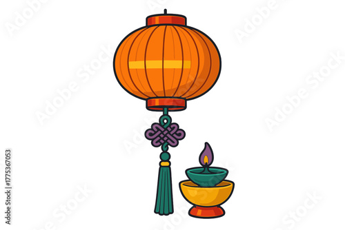 Orange paper lantern with decorative knot and tassel next to a burning oil lamp