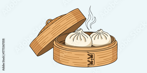 Steamed Dim Sum dumplings in a bamboo steamer, flat vector illustration.
