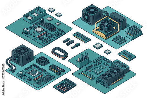 Isometric layout of disassembled computer hardware components including motherboards, CPU coolers, RAM, and graphics cards