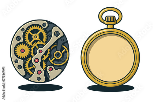 Vintage golden pocket watch components showing internal clockwork gears and external case