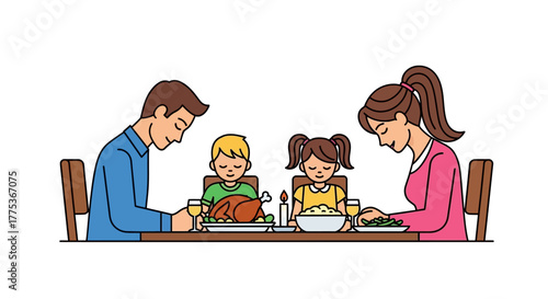 Loving family offering a moment of prayer and gratitude around the dinner table, sharing a heartwarming festive meal