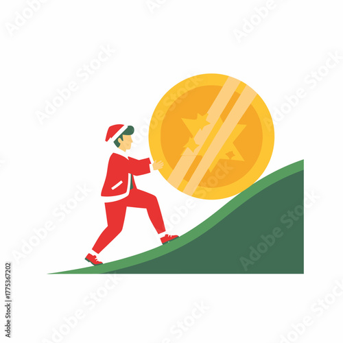 Flat vector santa pushing gold coin up hill effort finance