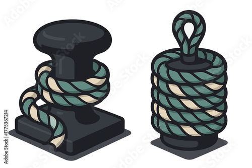 Nautical mooring bollard with wrapped rope and separate coiled rope element