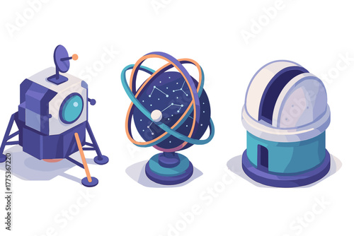 Isometric icons of space exploration and astronomical research equipment