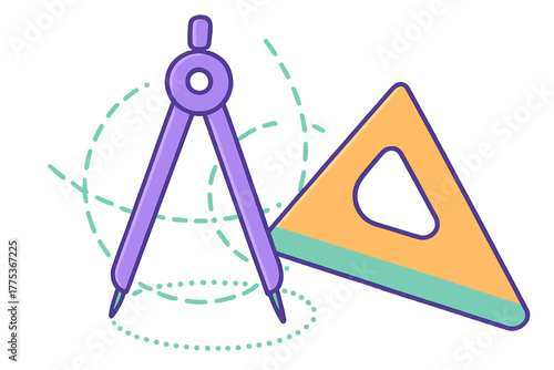 Purple drawing compass and orange set square ruler for geometry and mathematics education