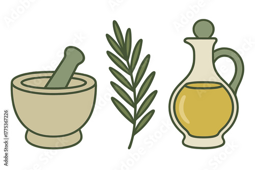 Mortar and pestle with herb sprig and olive oil bottle representing cooking and natural remedies