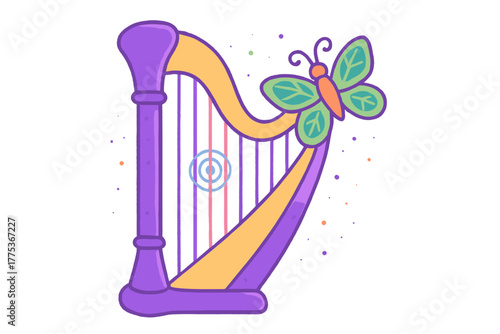 Colorful whimsical harp with a large green butterfly and abstract musical elements
