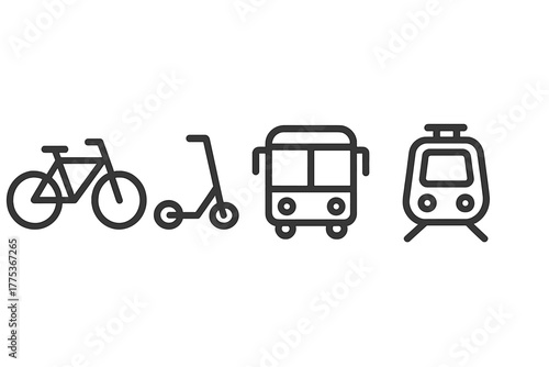 Minimalist black line symbols for urban public and personal transport options