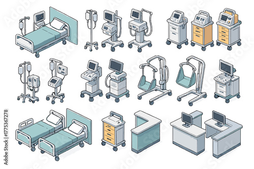 Isometric hospital equipment set featuring beds, monitors, ventilators, IV stands, and nurse station desks