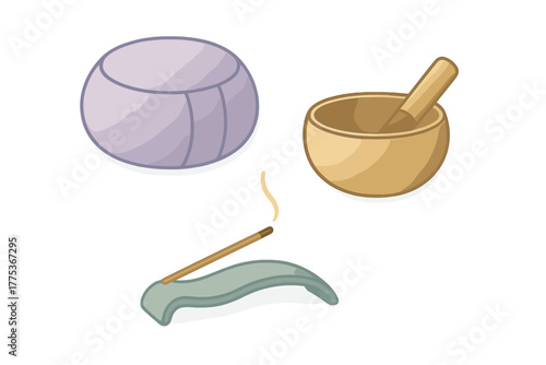 Spiritual wellness objects set with meditation cushion, singing bowl, and burning incense