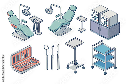Isometric set of professional dental and surgical equipment and clinic furniture