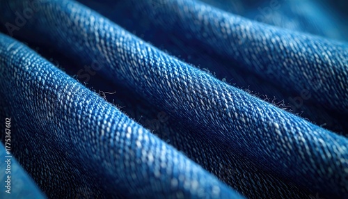 Wallpaper Mural Close up macro shot of blue denim fabric folds with textured threads and subtle sparkles illuminated by soft light creating a detailed pattern. Torontodigital.ca