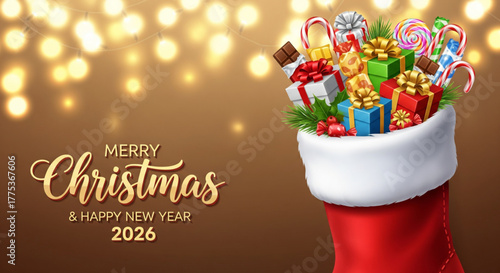 A festive Christmas stocking overflowing with colorful wrapped presents and candies, with a greeting.