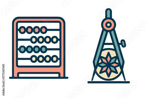 Colorful flat outline style set featuring abacus counting frame and geometric drawing compass tools