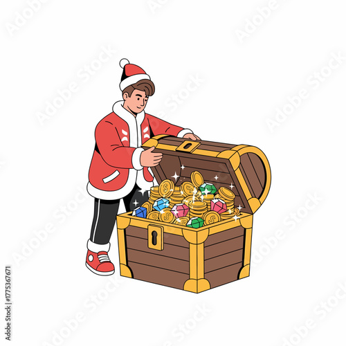 Vector illustration man wearing santa hat opens treasure chest full gold