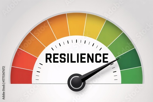 Resilience meter gauge with needle in green, strength level indicator, mental toughness performance.